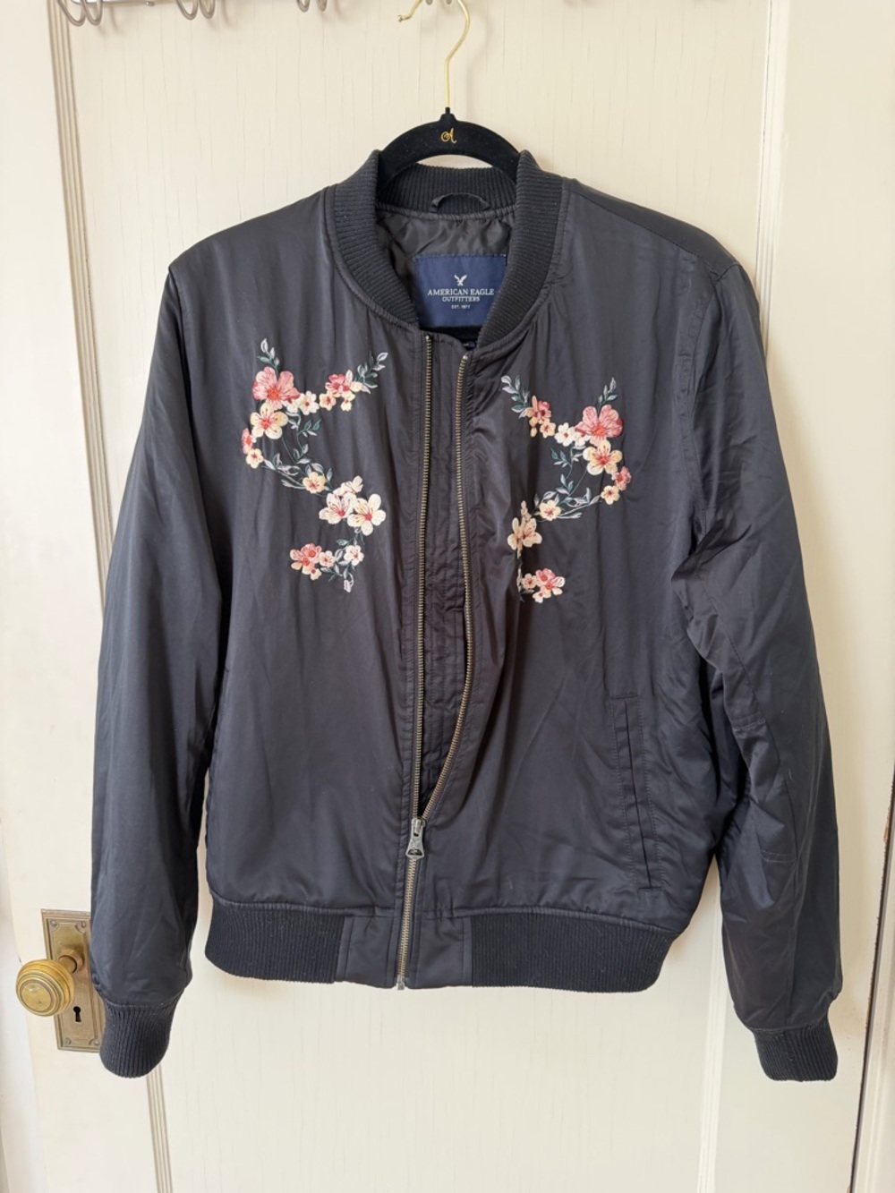 American Eagle Outfitters Black Bomber Jacket with Pink Floral Embroidery Large